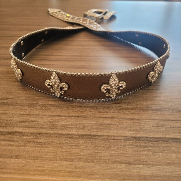 Leather Bronze Fleur De Lis Western Rhinestone Belt - Picture 11 of 15